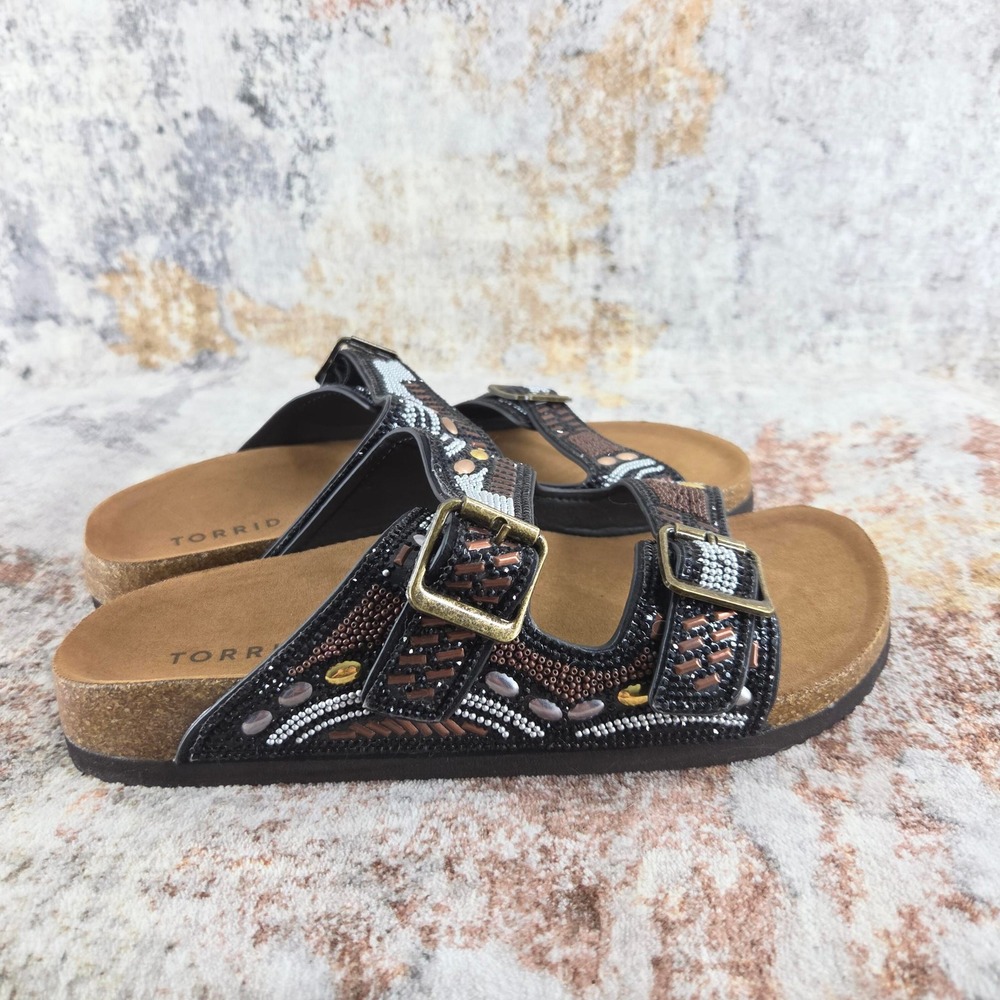 Torrid Beaded Double Buckle Cork Slide Sandals Womens 7.5WW Black Boho Festival - Picture 4 of 13